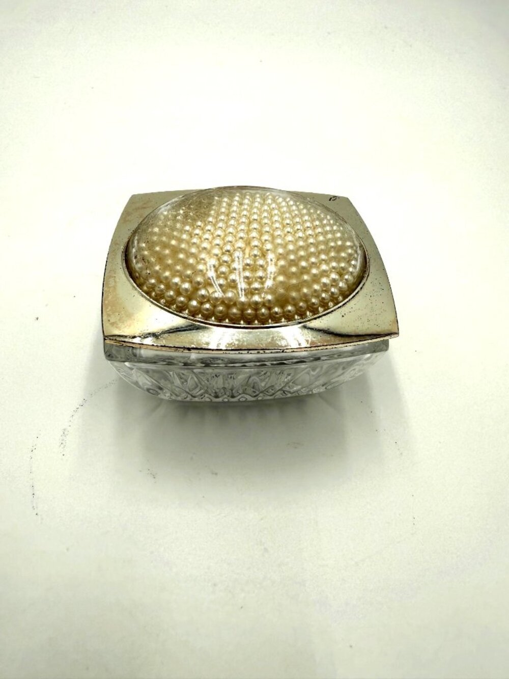Vintage Lenox Faux Pearl Glass Trinket Box Silver-Toned Lid Dish Vanity